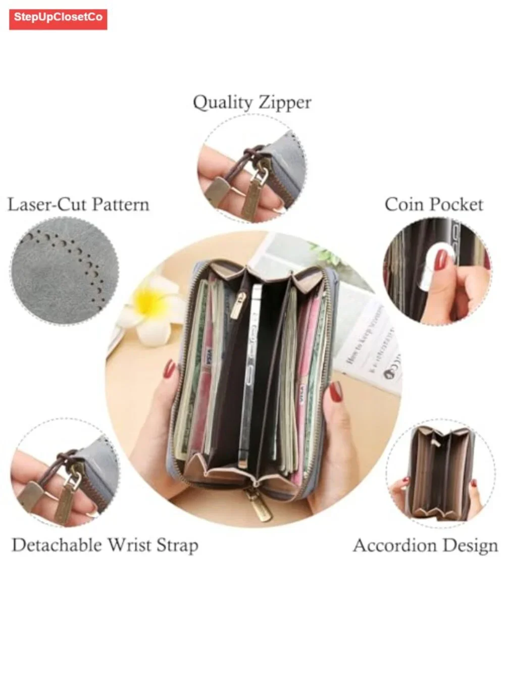 Women's RFID Blocking Zip Around Wristlet Clutch Wallet with Detachable Strap